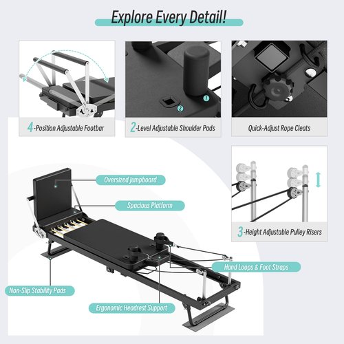 MU 91.5" Foldable Pilates Reformer Machine with Jump Board & Dual Resistance – Adjustable Reformer Pilates Machine for Full-Body Home Workout, 500 lbs Capacity, Up to 6'9" Height Friendly. Black