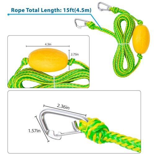 Floating Water Safety Rope with Clip – Quick Connect to River Tube, Kayak Dog Safety Vest &Floating Lily Pad, Kayak Tow Rope, 15FT, 1200LBS, Stainless Steel Clips