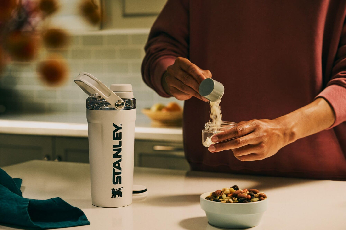STANLEY Vitalize Shaker Bottle 20 oz | Leakproof Insulated Stainless Steel Shaker Cup | Base Storage and Twist On Fast Flow Lid | Protein Shakes and Pre Workout Powder | BPA-Free | Chili Red