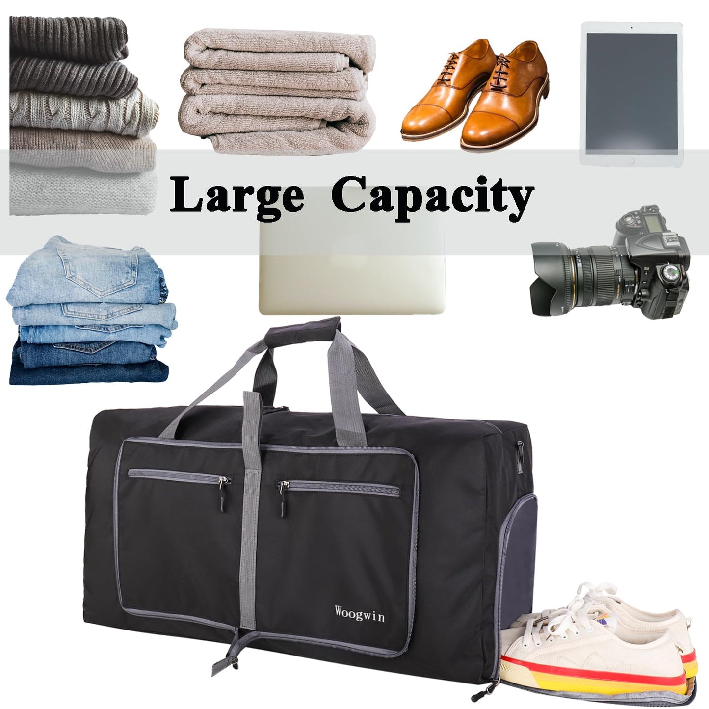 Woogwin Travel Duffel Bag Large Foldable Waterproof Overnight Bag for Beach Swim Bags Pool Sports Gym (60L SnowBlack)