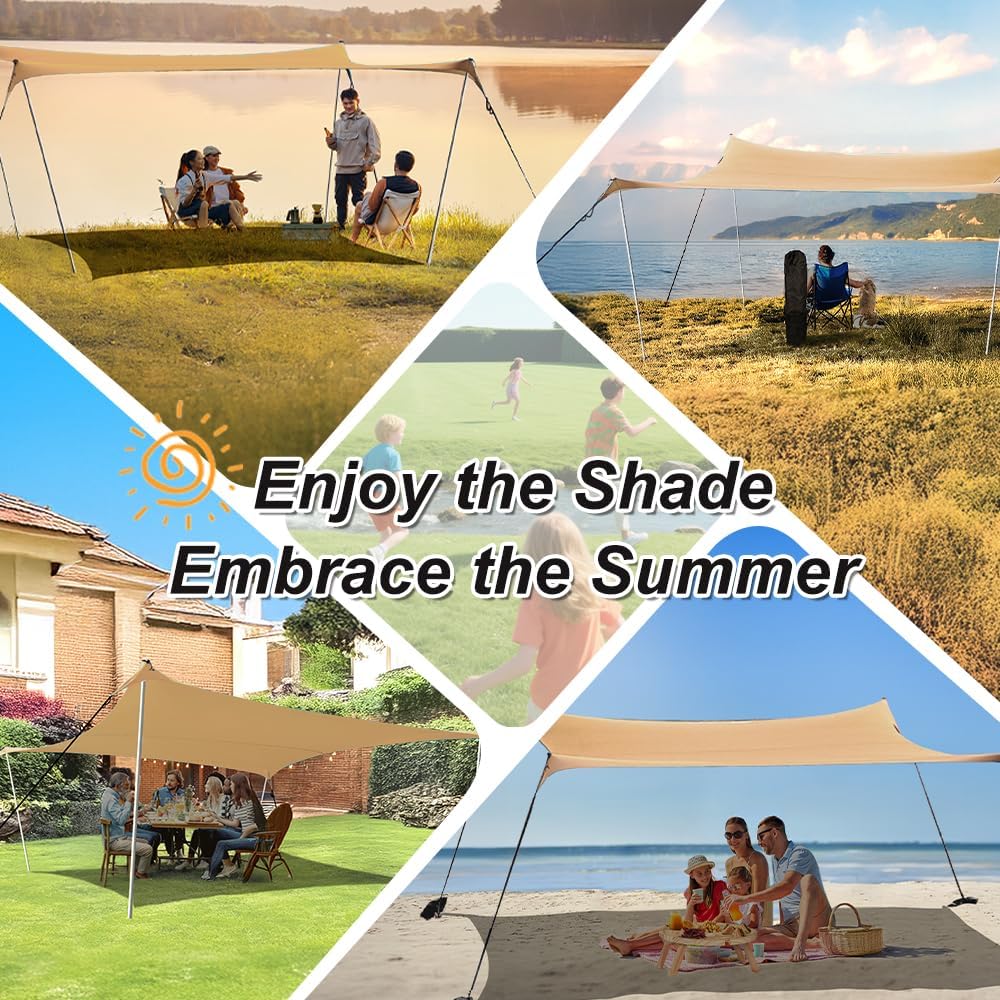10×10ft UPF50+ Beach Tent Sun Shelter, Windproof Stable Outdoor Pop Up Beach Shade Canopy for Camping, Fishing, Backyard Fun or Picnics, 2 Poles