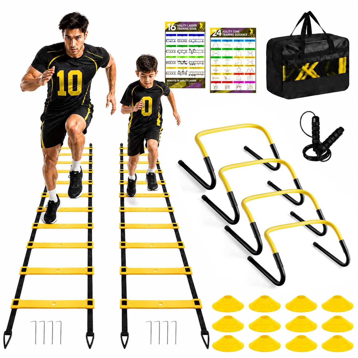 BORNEW 2 Pack Agility Ladder, Soccer Speed Training Equipment Set with Total 26 ft Agility Ladder, 12 Cones, 4 Adjustable Hurdles, Jump Rope, for Soccer, Basketball, Football, Kids, Youth, Adults