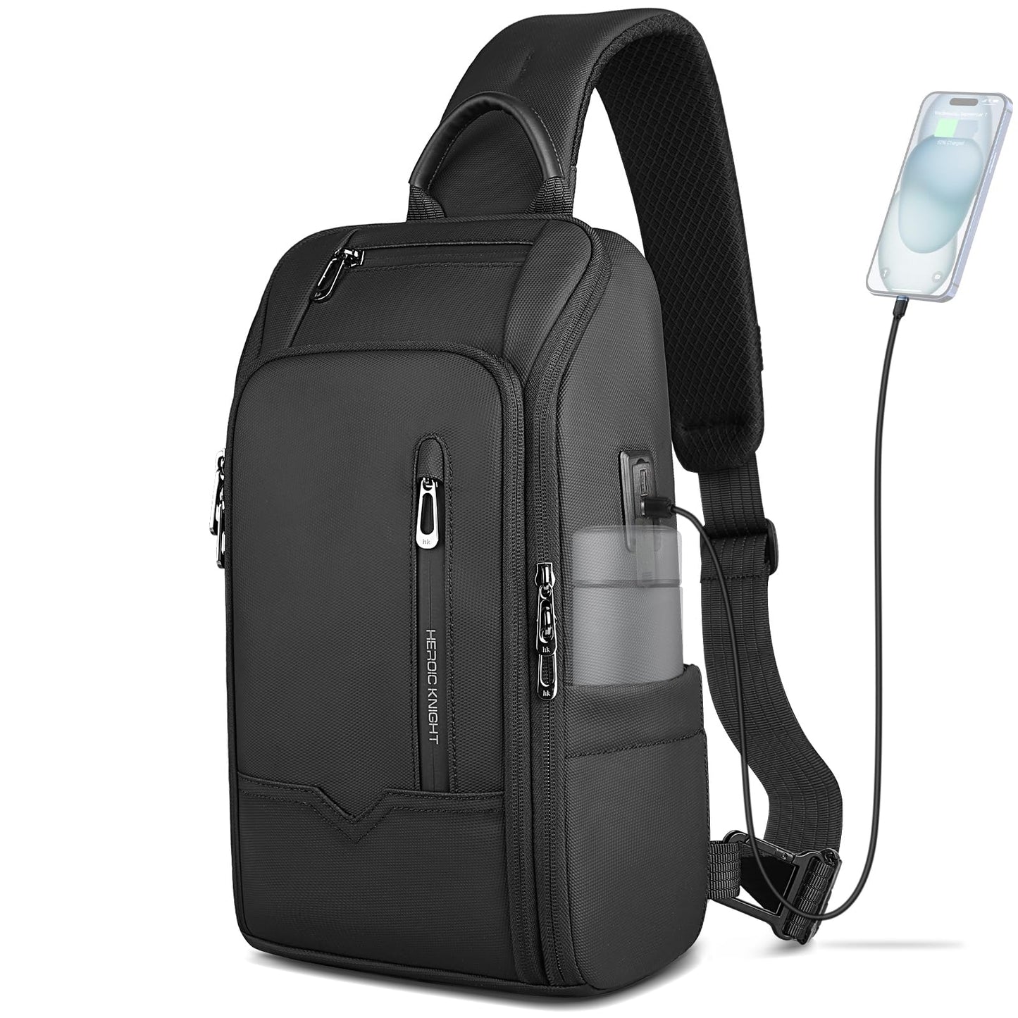 HEROIC KNIGHT Crossbody Sling Bag for Men, Waterproof Sling Crossbody Backpack with USB Charging Port, Anti Theft Chest Shoulder Hiking Bags Daypack for Commute, Work, Sport, Travel - Black