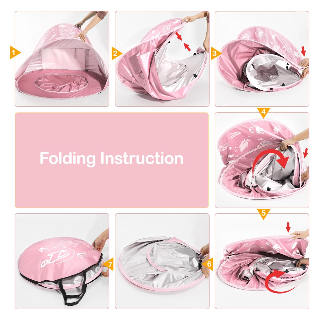 Zooawa Baby Beach Tent, Pop Up Beach Tent Sun Shade, Portable Shade Pool UV Protection Sun Shelter for Infant with Sand Toys Set, Light Pink