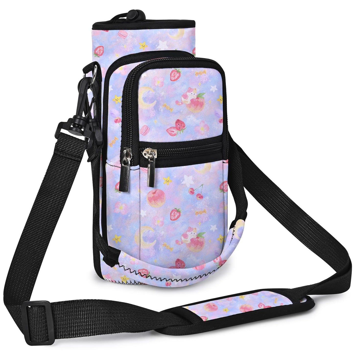 AUPET Water Bottle Sling Bag Sleeve Holder Carrier 25/32/40/64 oz,Insulated Crossbody Water Bottle Case Cover with Strap and Pockets for Men/Women Walking Hiking (Cute Pastel Theme, 25oz)
