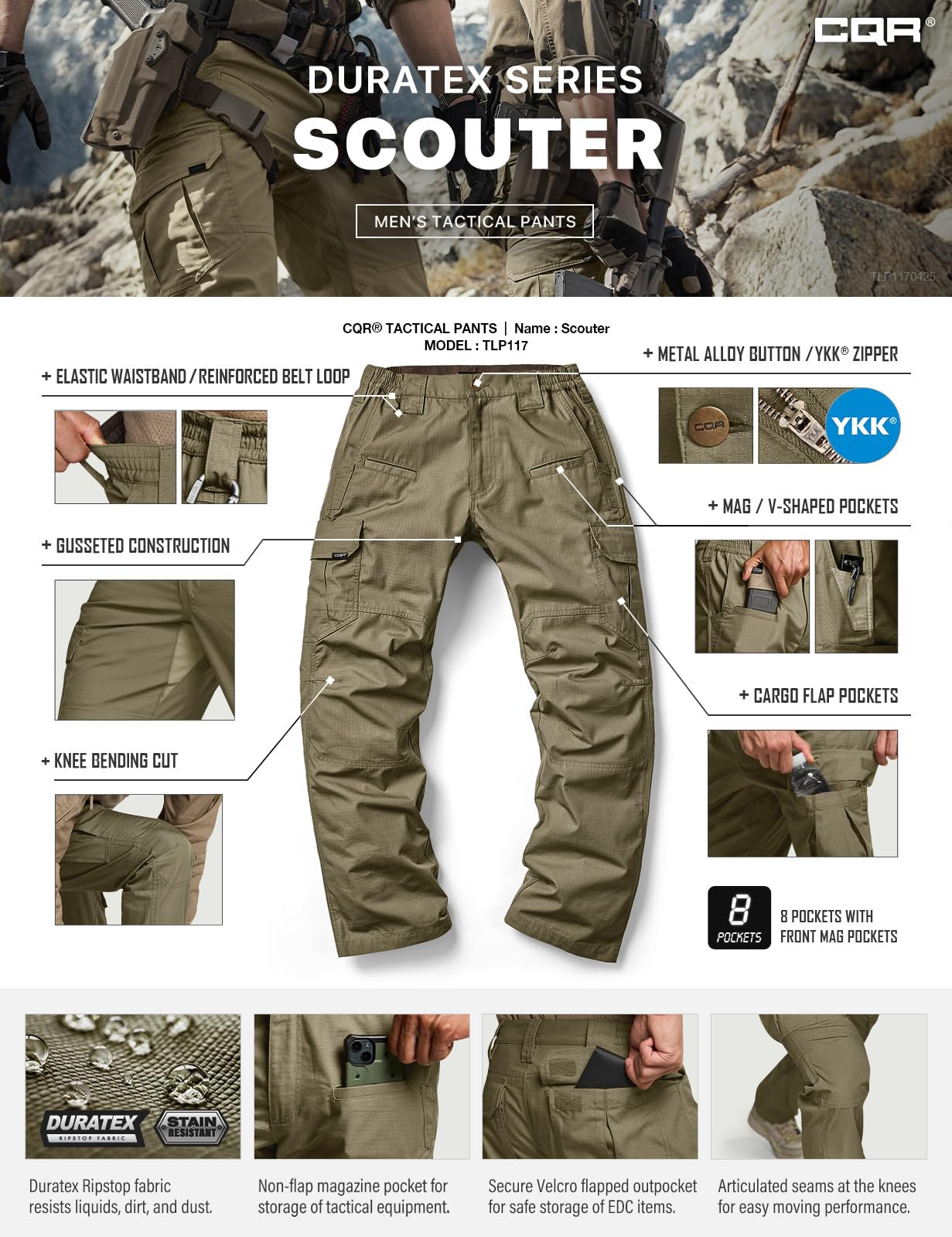 CQR Men's Tactical Pants, Water Resistant Ripstop Cargo Pants, Lightweight EDC Work Hiking Pants, Outdoor Apparel, Raider Soil Green, 34W x 30L