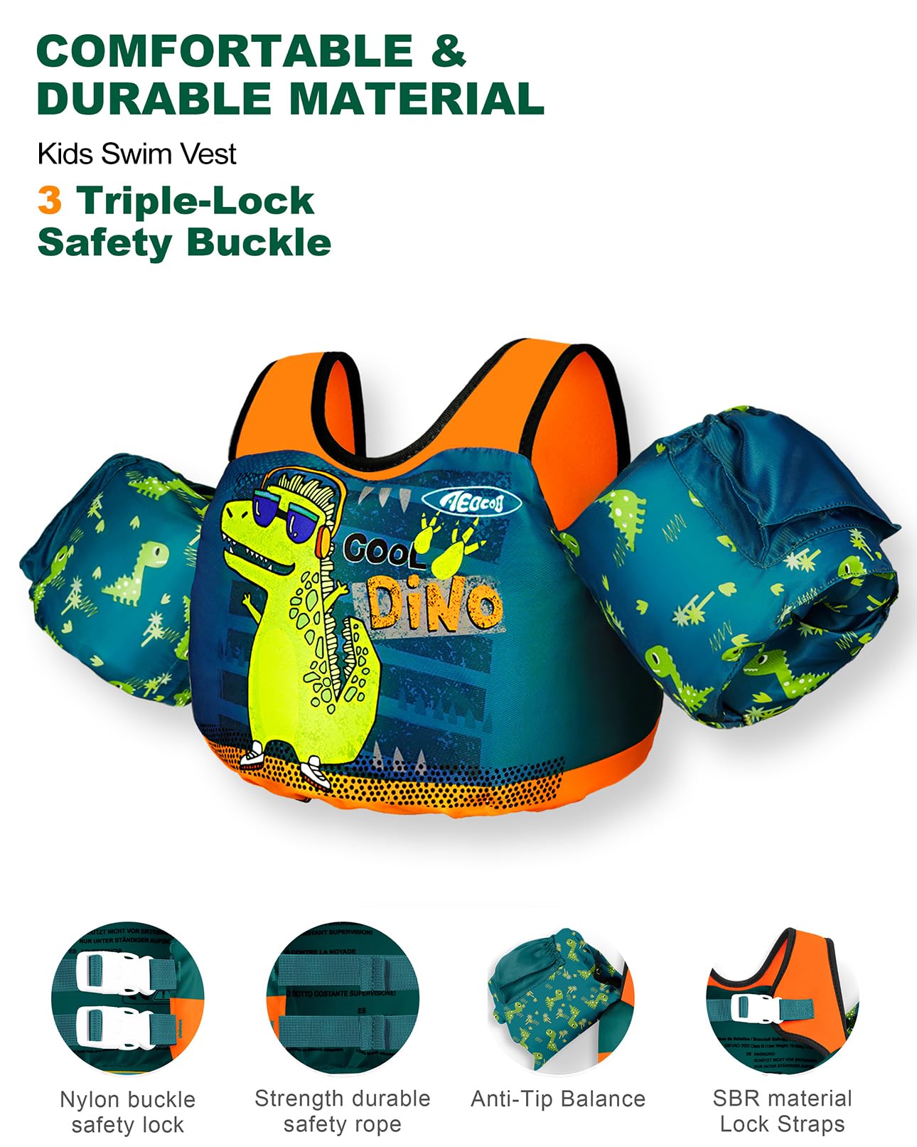 AEOCOO Puddle Float Jumper 30-50-60-70 Pounds, Toddler Swim Vest for 2-3-5-7 Years Old, Pool Floats with Swimming Arm Floaties Swim Jacket for Kids Swimmies, Boys, Girls, Niños, Cool-Dino