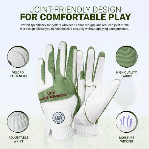 Copper Tech Plus Men?™s Copper Infused Golf Glove ??White/Hunter Green ??Compression Fit, Arthritis Friendly, Non-Slip Grip, USGA Approved, One Size/Left Hand