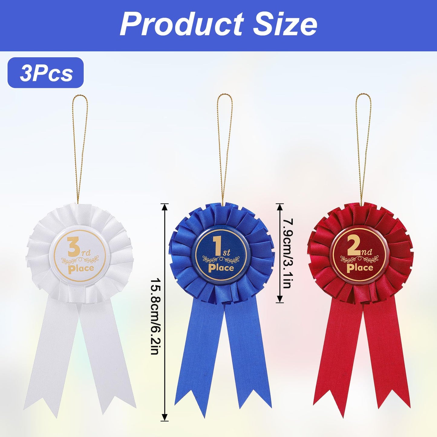 3 Pcs Award Ribbons Rosette, 1st 2nd 3rd Place First Place Ribbon Recognition Rosette, Blue Red White Prize Badge Participation Ribbon for Medals Competition Science Fair Sports Events Talent Shows