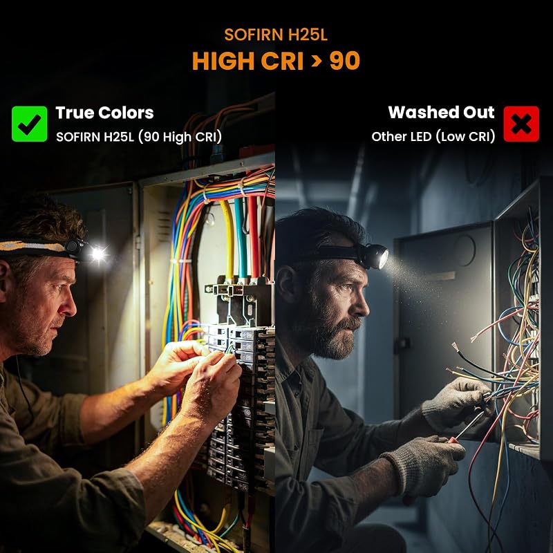 Rechargeable Headlamp with Dual Flood Beams, IPX6, USB-C, 5000K Neutral White, High CRI 90+ for Electricians & Mechanics