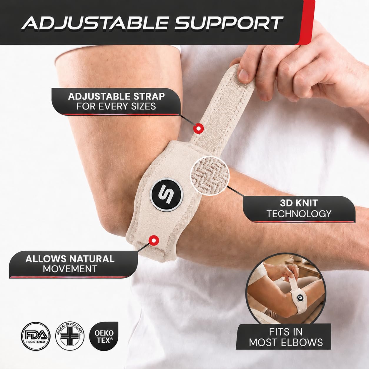 Sleeve Stars Tennis Elbow Brace for Men & Women, Elbow Brace for Tendonitis, Tennis Elbow Strap, Golfers Elbow Brace, Elbow Support Wrap for Tennis Elbow Relief, Fits 9"-23" (Single/Beige)
