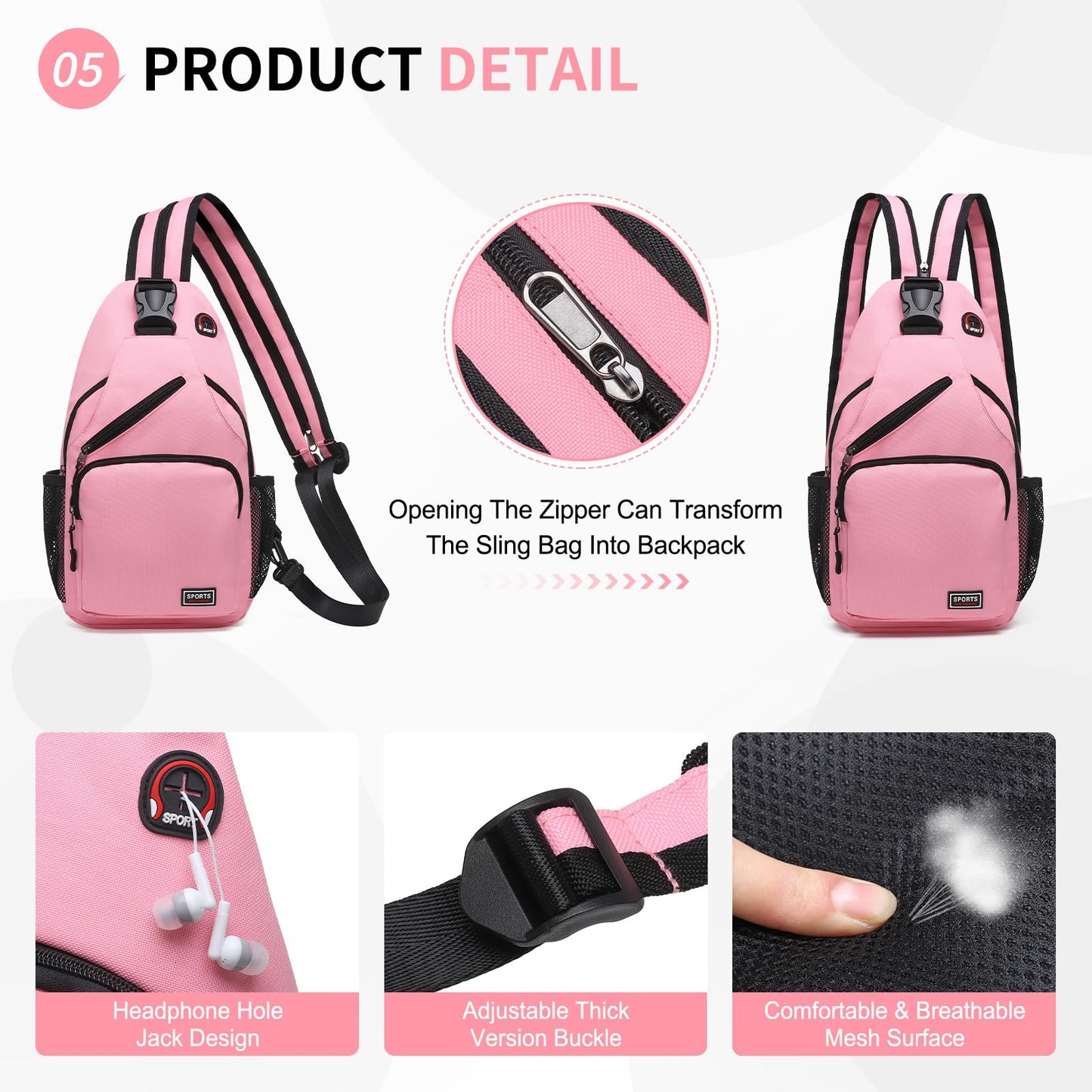 SUIKIHUM Convertible Sling Bags for Women Men, Lightweight Crossbody Backpack Daypack Fit for 7.9" Tablet for Casual Travel Sport Hiking (Pink)