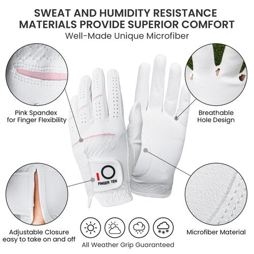 FINGER TEN Womens Ladies Golf Rain Gloves Pair Both Hand or 2 Pack Left Right Hand, Wet Hot Cool Grip, Fit Small Medium Large XL (White, Medium, Ambidextrous)