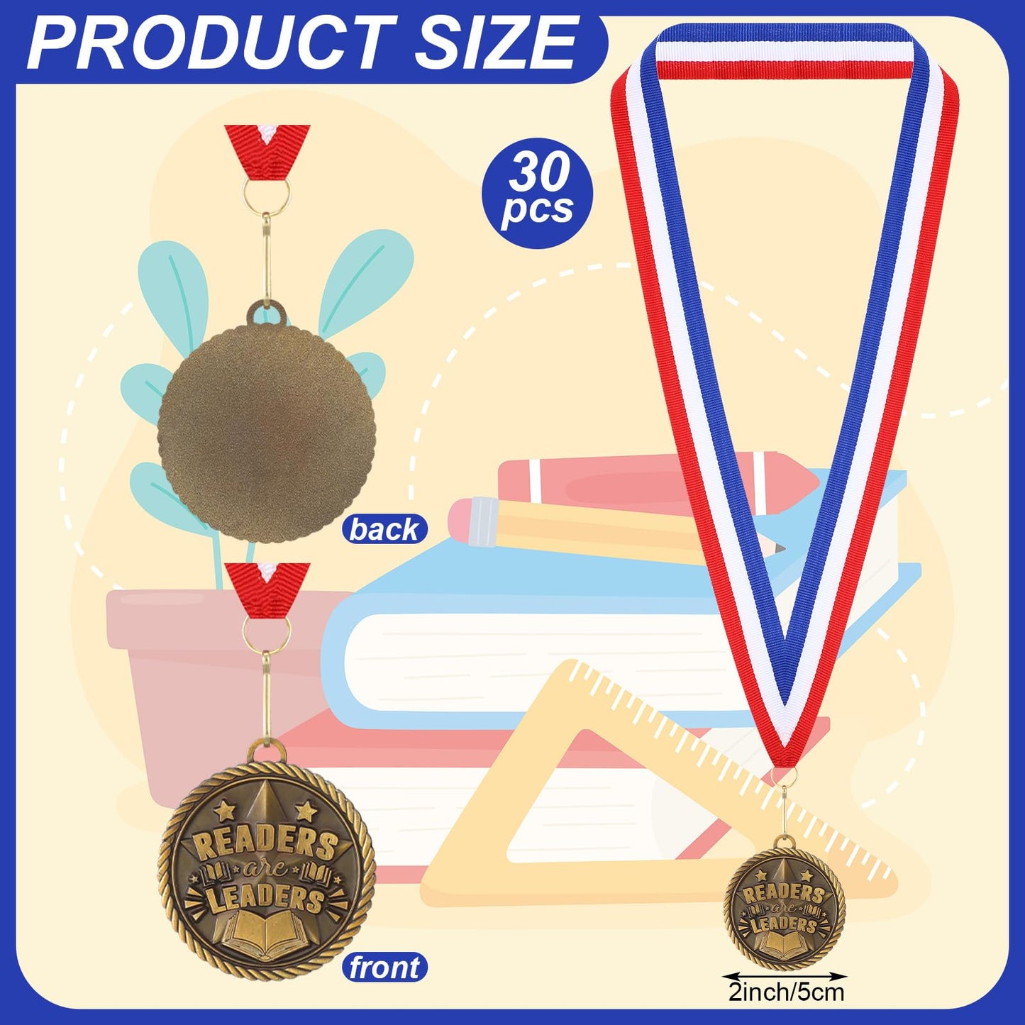 Loetere 30 Pcs Gold Award Medals Bulk 2 Inch Readers are Leaders Award Reading Medals Trophy Gift Prizes with Neck Ribbons for Scholastic Competitions Book Lovers