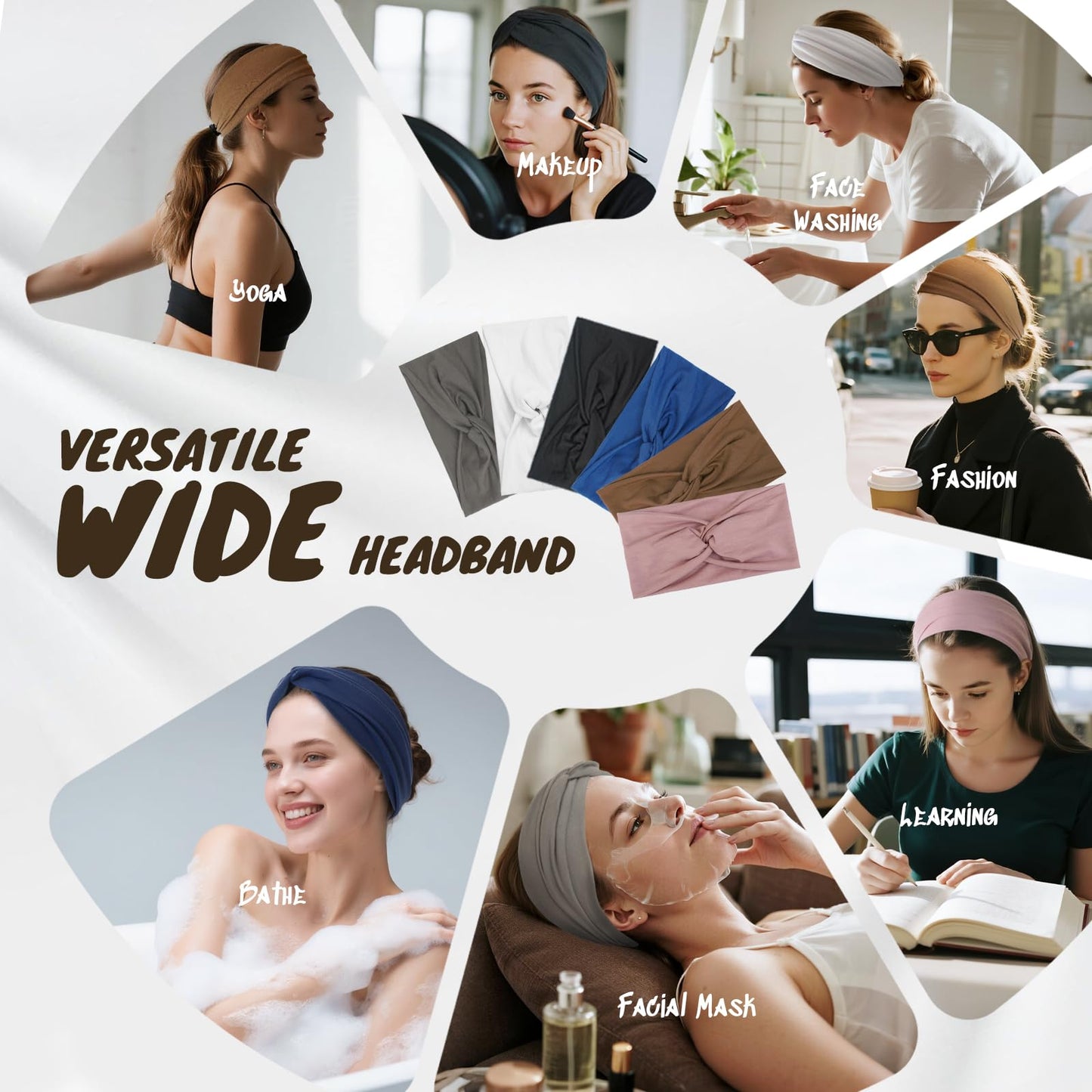 HSEM Headbands for Women, Non Silp Wide Hair Bands, Elastic Thick Head Bands, Stretchy Soft Sports Sweat Bands for Spa Workout Running Gym, Twist Knotted Cotton Cloth Turban Hair Accessories 6Pcs