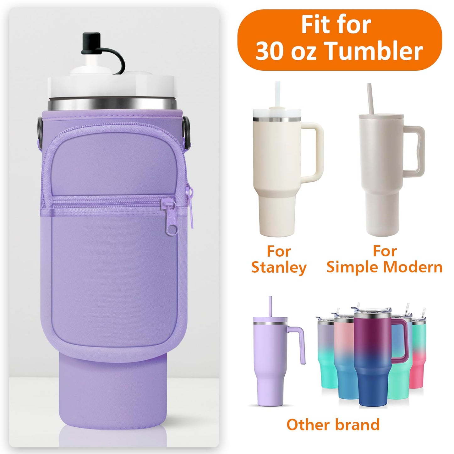 AceTreker Water Bottle Sleeve Bag for Stanley 30/40 oz Tumbler with Handle & 2 Pockets, Neoprene Metal Travel Coffee Mug Carrying Sling Accessories-Purple
