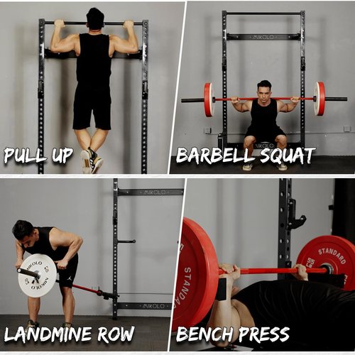 Mikolo 2" x 2" Folding Wall Mounted Squat Rack, 1000 Pounds Capacity Power Rack with Pull Up Bar, J Hooks, Landmine and Other Attachments, Space-Saving Home Gym(Black