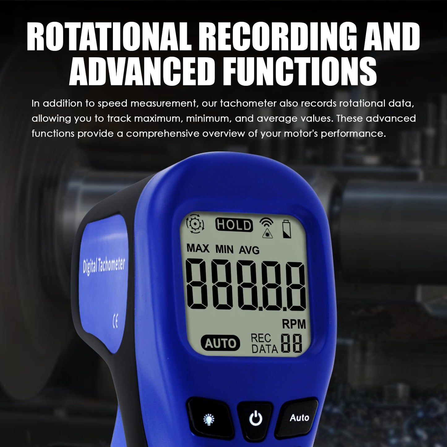 Laser Photo Tachometer Motor Speed Gauge Tester Non-Contact RPM Meter Motor Speed Gauge Gun - Accurate RPM Measurement with Rotational Record (Digital Tachometer)