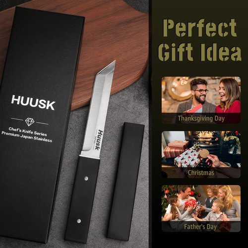 Huusk Japanese Fixed Blade Knife - Tanto Samurai Knife with Sheath - Full Tang Survival Knives with Wood Handle - Bushcraft knives for Outdoor Camping BBQ, Gifts for Men