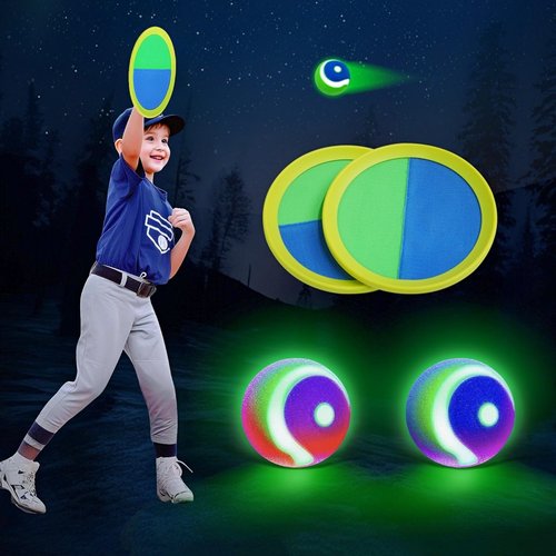 Raditoss LED Toss and Catch Ball Set, Glow-in-The-Dark & Daytime Play with Rechargeable Multi-Color Flashing Light-Up Balls, Indoor & Outdoor Toy for Kids, Toddlers & Adults Fun, 2 Paddles & 2 Balls