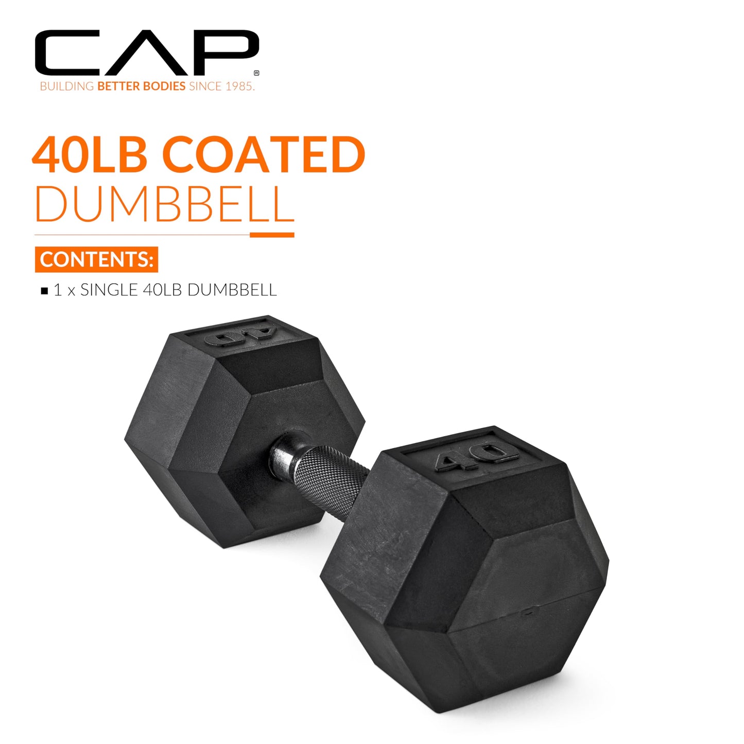 CAP 40lb Rubber Coated Hex Dumbbell, Comfort Grip, Free Weights, Single