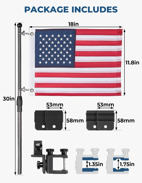 KEMIMOTO Boat American Flag Pole Kit, 360° Adjustable 12''x18'' Pontoon Boat Flag, for 0.8''-1.35'' Round/Square Rails, 2.5ft Pole for Boat & Golf Cart, Pontoon Boat Accessories (Flag Included)
