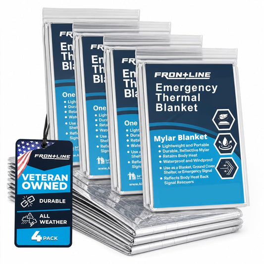 FRONTLINE Mylar Emergency Blankets 54" x 84" | Lightweight Thermal Survival Space Blanket, Waterproof & Windproof Foil Blanket for Camping, Hiking, First Aid & Disaster Preparedness (4)