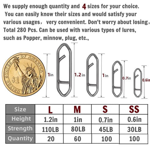 DAMIDEL 280Pcs/Box Stainless Steel Fishing Power Speed Clips (SS:100Pcs,S:100Pcs,M:60Pcs,L:20Pcs) High Strength Fishing Connector Swivels Snaps for Quick Change Lure Tackle Saltwater Freshwater
