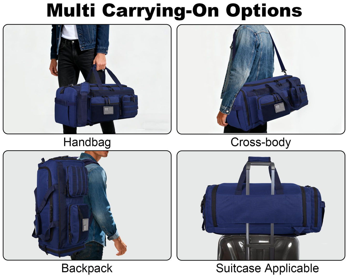 LHI 50L Tactical Duffle Bag for Men, 3-in-1 Gym Duffle and Backpack, Shoe Compartment, Laptop Sleeve and MOLLE, Carry-On Travel Weekender and Overnight Bag – Blue