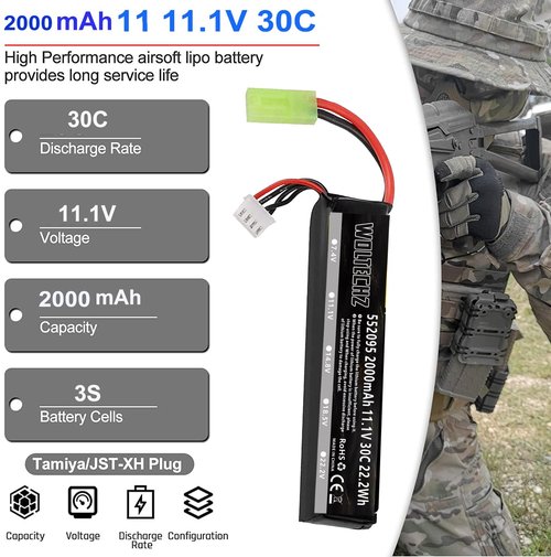 Woltechz Lipo Battery 2-Pack 11.1V Airsoft Battery 2000mAh 30C Rechargeable Battery with Mini Tamiya Connector for Airsoft Guns Airsoft Rifle
