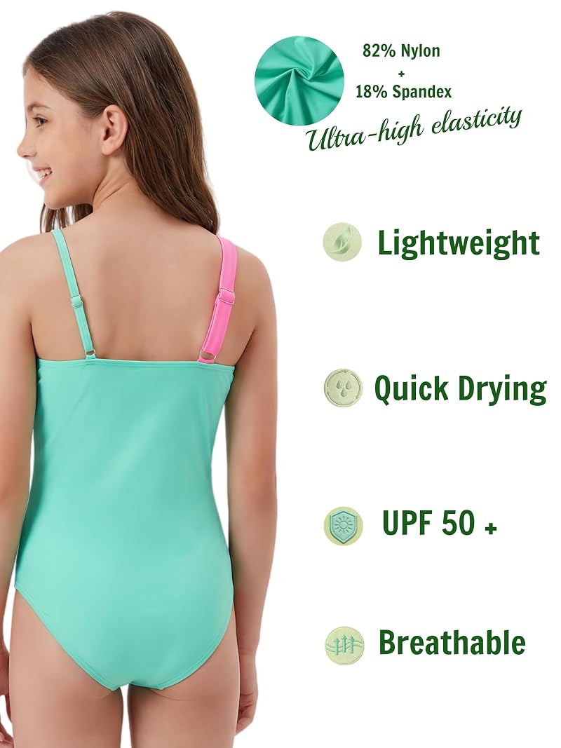 Tween Girls Padded One-Piece Swimsuit - Fluorescent Green 13-14 Years (Removable Pads, Adjustable Straps)