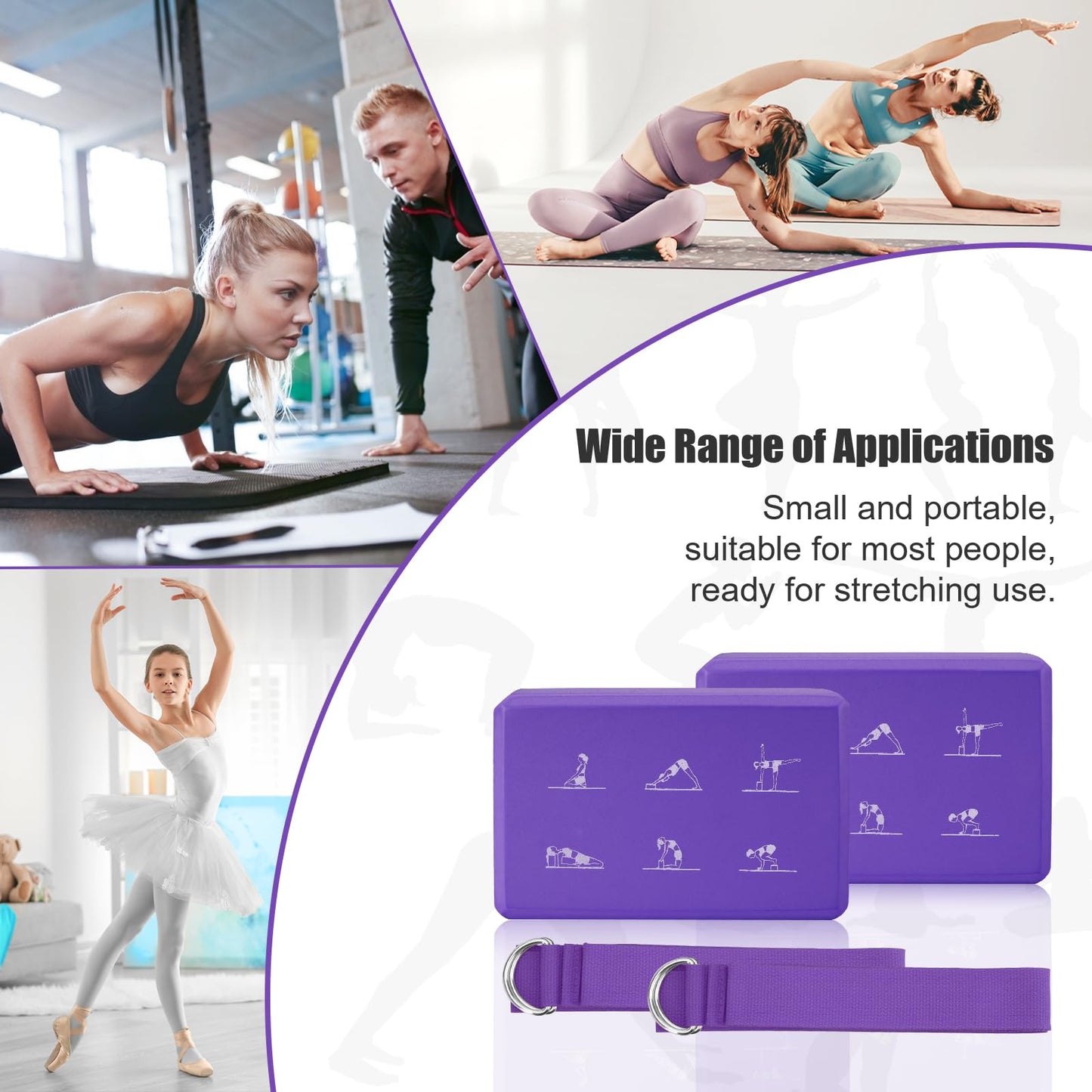 IBEQUEM Yoga Block and Yoga Strap Set, 2 Soft Non-Slip Yoga Blocks 9×6×3 inches, 6FT Metal D-Ring Strap for Yoga, General Fitness, Pilates, Stretching and Toning, Purple