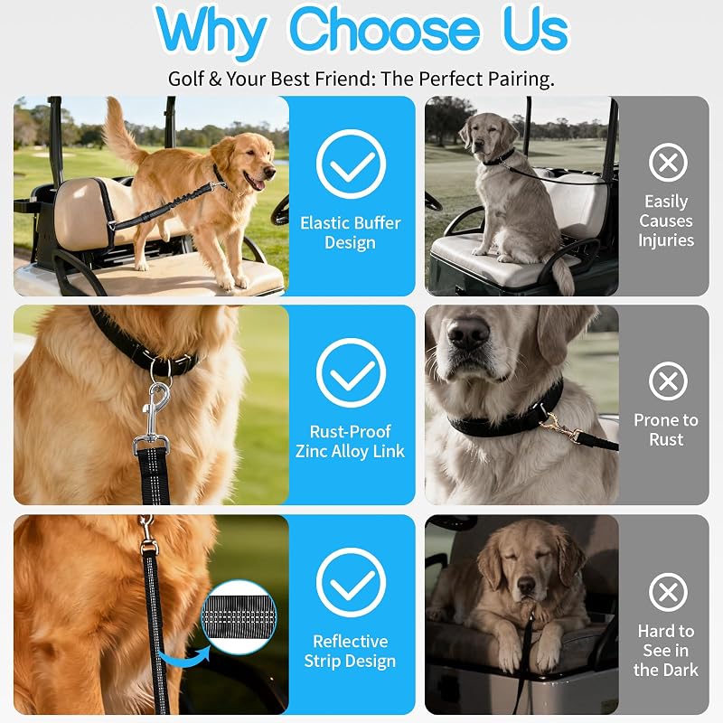 Golf Cart Dog Seat Leash & Safety Harness - Adjustable Tangle-Free Retractable Strap (Double Dog)