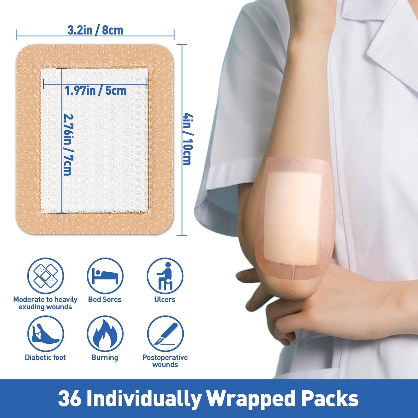 AZEN 36 Pack Silicone Foam Dressing, 3.2" X 4" Waterproof Silicone Bandages with Border Adhesive, Large Bandages for Wounds, Self Adhesive Wound Care and Dressings
