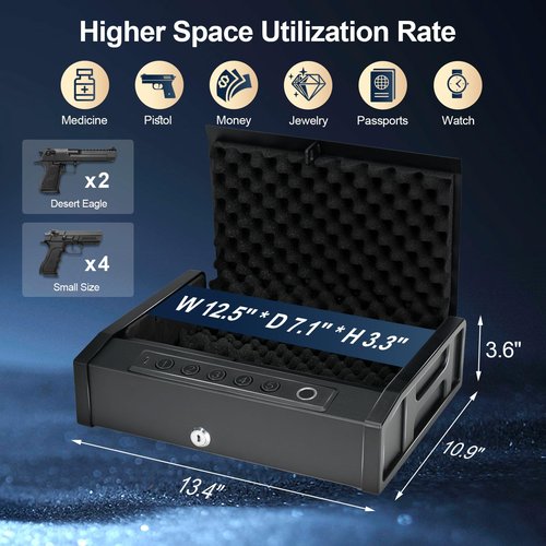 Biometric Gun Safe for Handguns - Quick Access Fingerprint Safe with Backlit Keypad, Interior Light, Secure Pistol Lock Box for Nightstand & Car