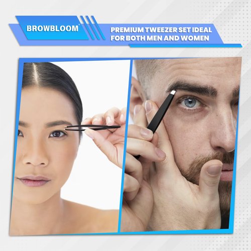 BROWBLOOM 4Piece Set of Professional Tweezers for Women Facial Hair, Black Stainless Steel Precision Tweezer for Ingrown Hair, Eyebrow Tweezers for Men Comes in Carrying Pouch (Black Set)