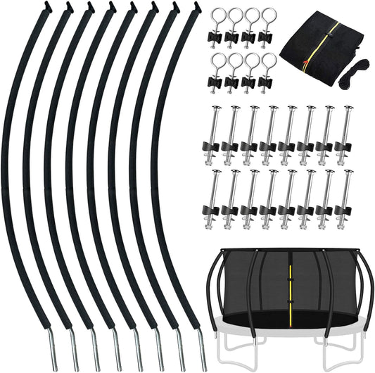 12Ft 8 Trampoline Curved Poles Replacement with Enclosure Net, Trampoline Curved Pole, Plastic T Connector, Fiberglass Rods, Mounting Hardware, Foam Covers