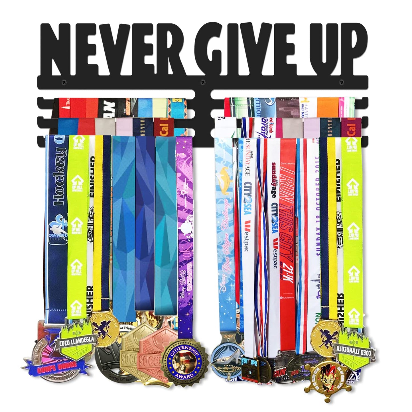 Bliocefo Medals Hanger Holder Display Steel Rack Hooks 15 inches Wall Mount Frame Over 60 Medals-Sports Medal Hook Storage Organizer Never Give Up Ribbon with Easy Hanging Bars Black 3 Lines