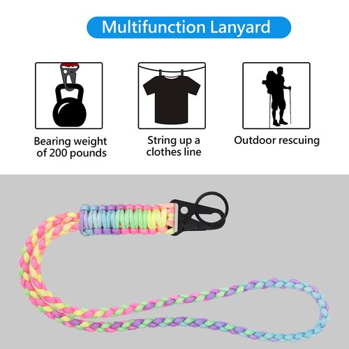 LAREDTREE Heavy Duty Paracord Lanyard Keychain, Paracord Necklace Cell Phone Keychain Whistles Wrist Braided Strap for Men Women Outdoor Activities, Camera, Traveling(Bright Rainbow)