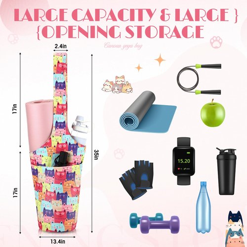 Yeyeplum Yoga Mat Bag Yoga Bags With Shoulder Strap Gym Pocket Sack Long Sports Carrier Tote Exercise Pad Holder For Women Yogi(Cat Pattern)