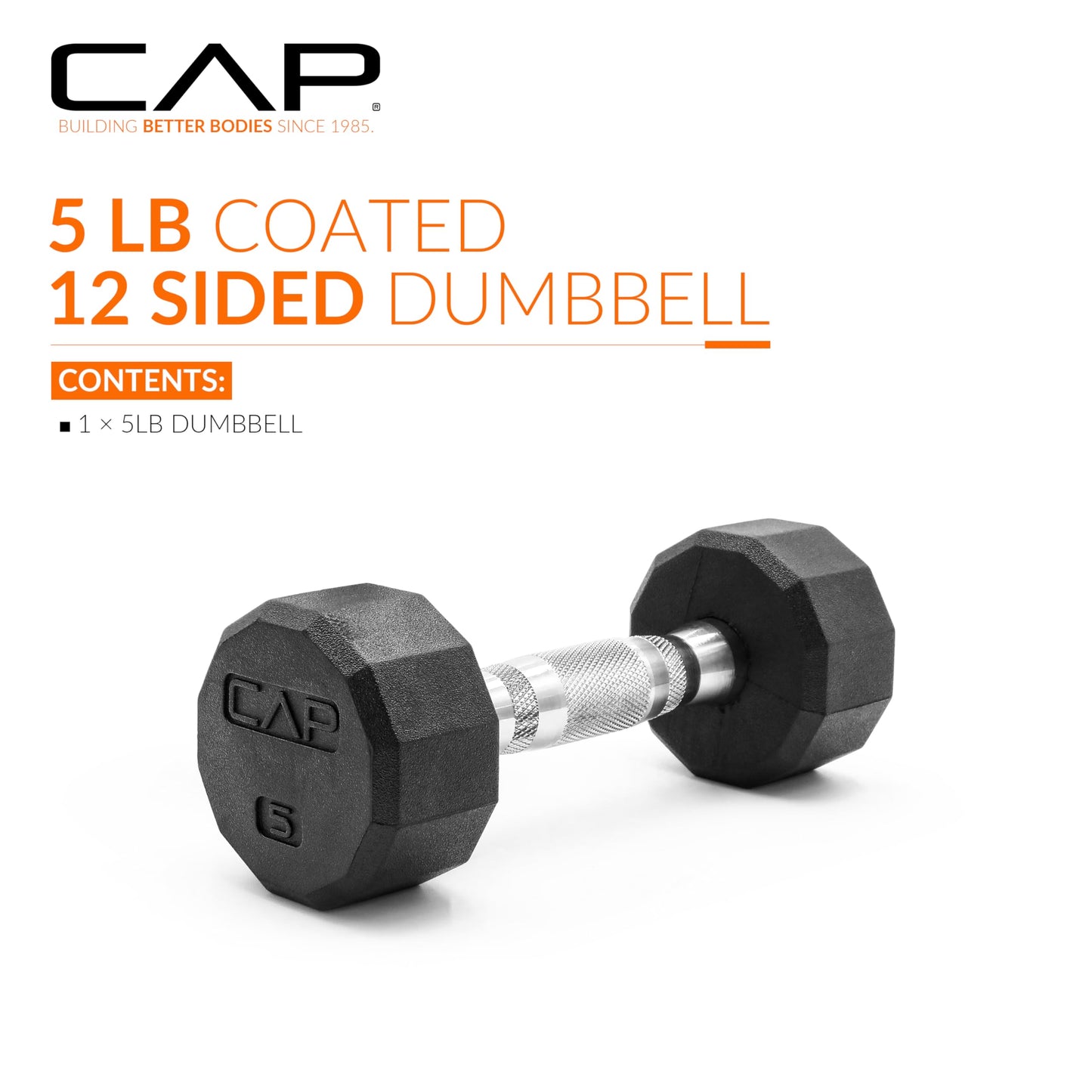 CAP 5 LB 12-Sided Rubber Coated Dumbbell Weight, Rubber Free Weights for Home Gym Strength Training, Chrome Handle, Single