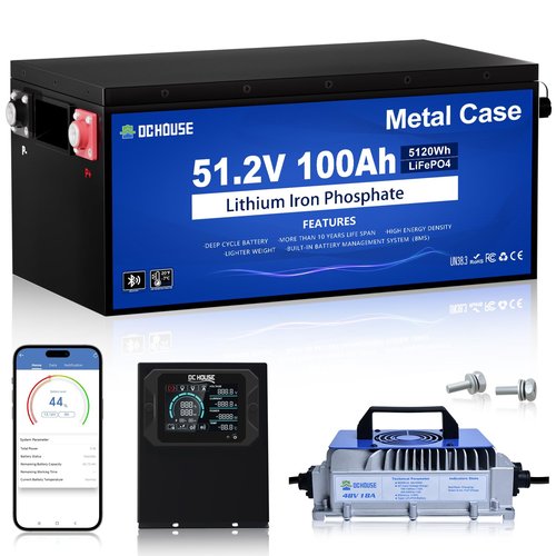 DC HOUSE Metal Case 48V 100Ah Pro Lithium Golf Cart Battery, 200A BMS Lifepo4 Battery with 48V 18A Charger, Bluetooth Mobile APP & LCD Monitor, Peak Current 700A