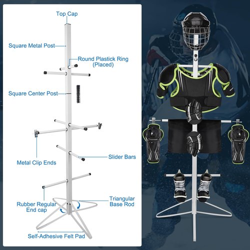 Hockey Gear Drying Rack Metal Sports Gear Storage Dry Rack for Drying and Storing Adult and Child Sports Equipment Hockey Equipment Hanging Clips and Wrist Band Included