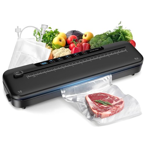 Vacuum Sealer Machine for Food Preservation, 6-in-1 Food Sealer for Freshness Storage, 75kpa Compact Vacuum Sealing Machine with External Sliding Blade, Digital Countdown Timer Black