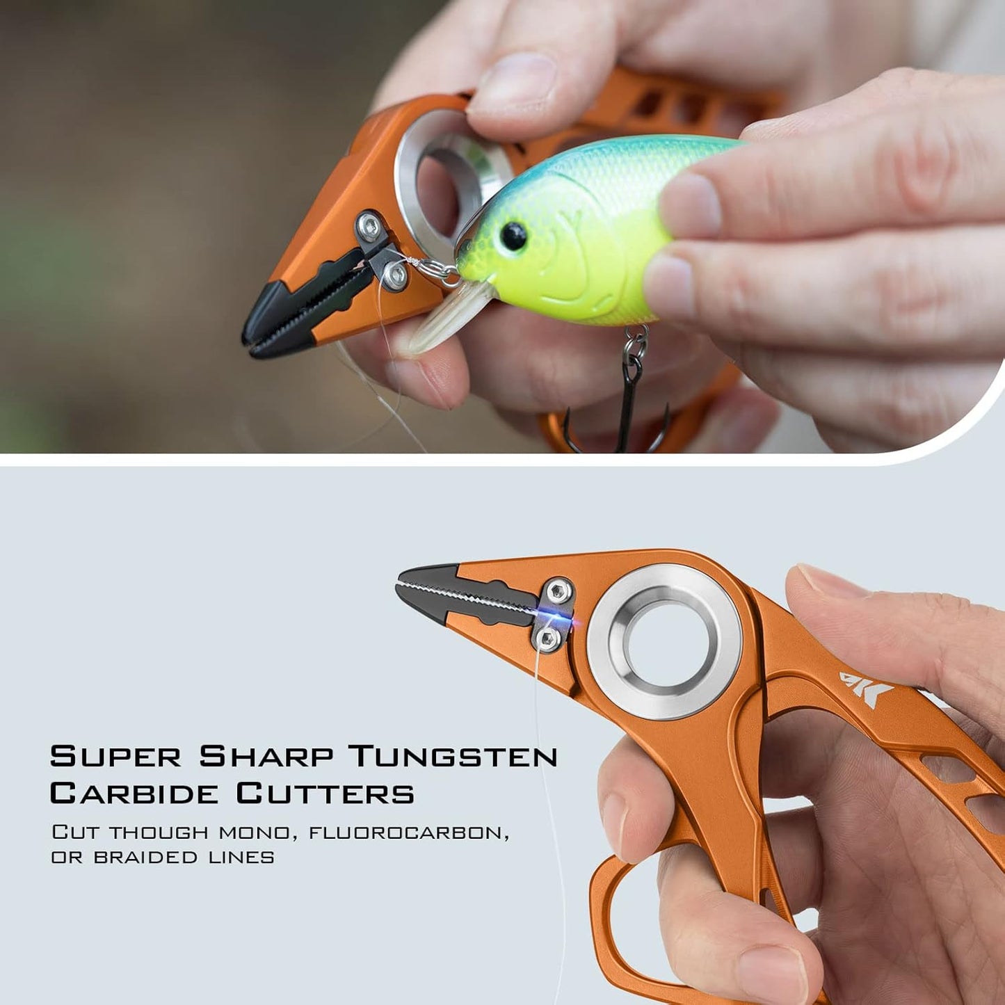 KastKing Micro Gila Fishing Pliers, Integrated Finger Hole, Aircraft Grade Aluminum, Fishing Tools, Saltwater Resistant Fishing Gear, Tungsten Carbide Cutters, Burt Orange