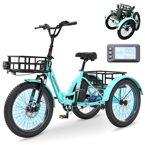 MOONCOOL Electric Tricycle for Adults, 500W/750W 48V 20" Folding Electric Trike Peak Power 1100W, 3 Wheels Electric Bicycle, Aluminum Frame Electric Tricycle with Large Basket and Removable Battery