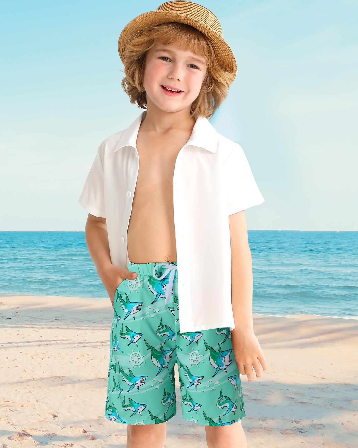 Swim Trunks Boys with Compression Liner Little Boys Swimming Trunks Quick Dry Toddler Swimsuit Boy Kids Swim Shorts Aqua Green 5-6 Years