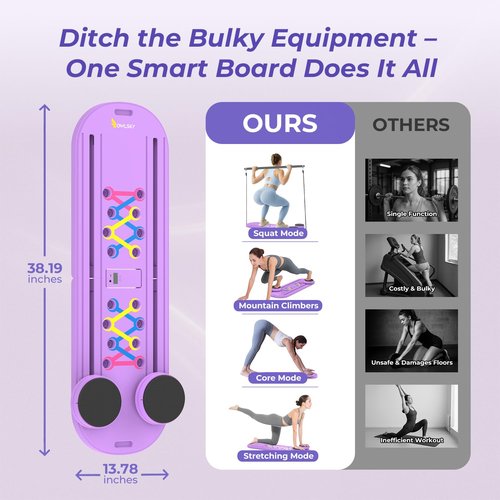 OWLSKY Pilates Reformer Board – 5-in-1 Foldable Pilates Machine for Home Workout, Portable Fitness Board with Resistance Bands, Full Body Training for Women (Purple)