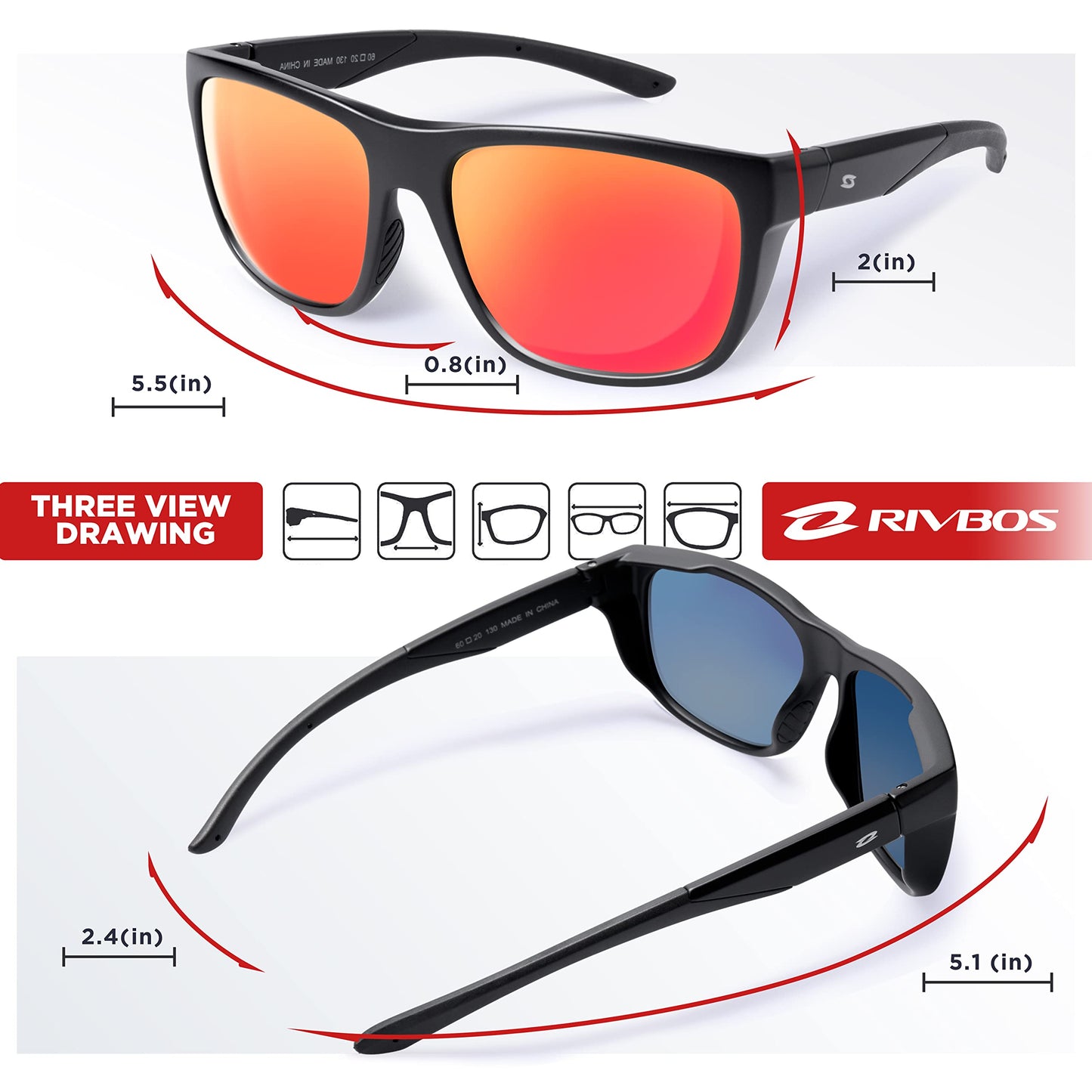 RIVBOS Womens Sunglasses Polarized TR90 Unbreakable Frame Sports Driving Fishing Cycling RB862-Black Ice Red Lens