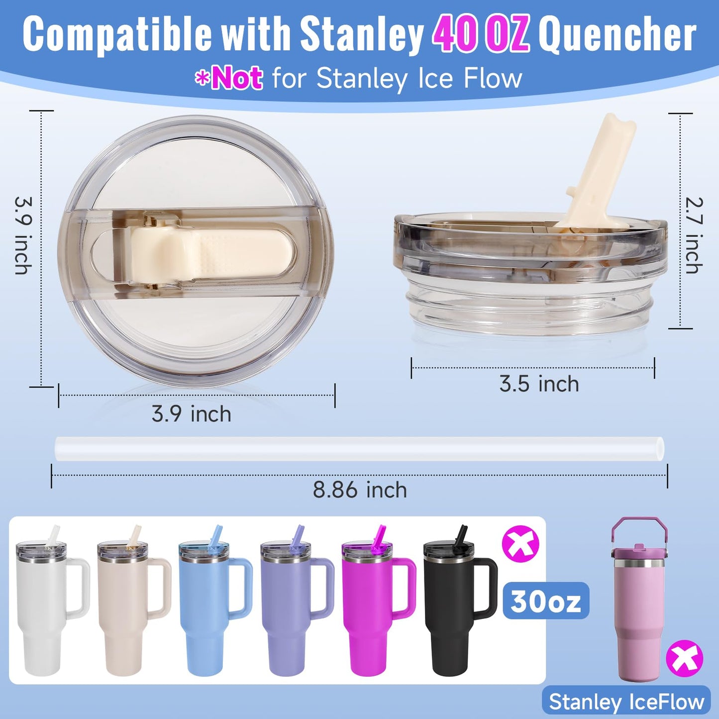 ANTAND 40oz Flip Straw Leak Proof Lid for Stanley Cup Accessories, 2 Pack No Spill Lid Replacement 40 oz Tumbler Detachable Cover Topper for Stanley Protour Lids(Quartz,Quartz)